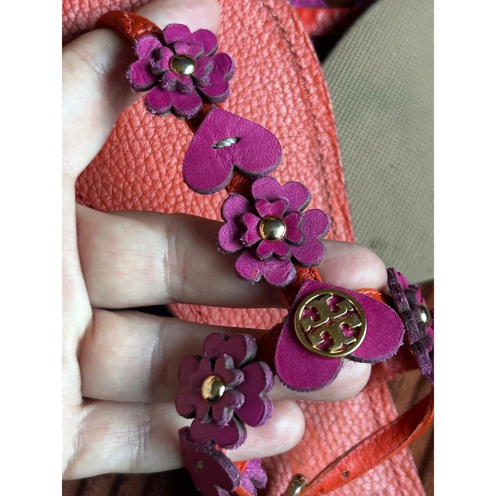 Tory Burch Sandals Women's Size 6.5 Orange Good Floral Heart Appliqué
